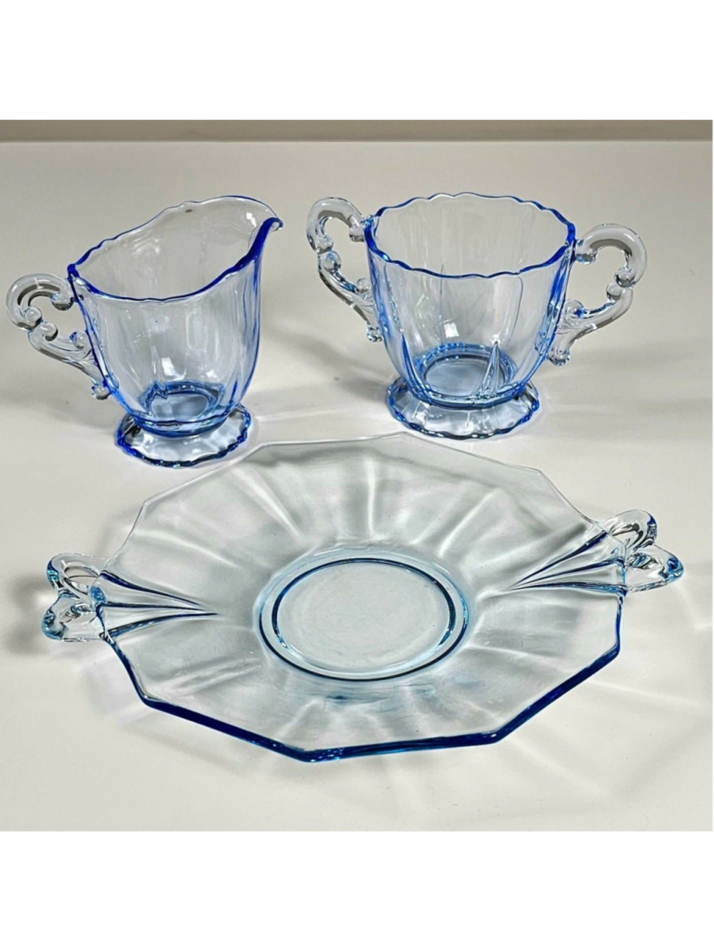 Vintage Blue Depression Glass Set Fostoria Fairfax Plate Cambridge Creamer Sugar